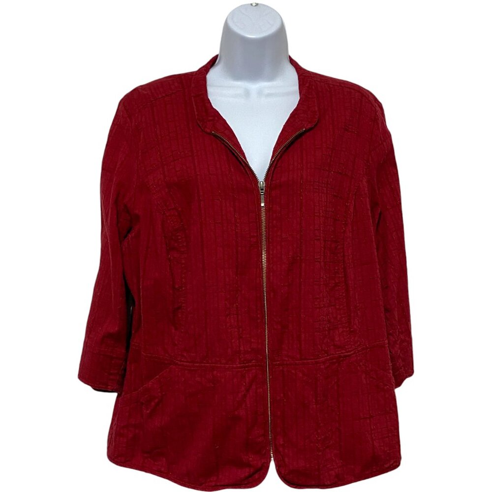 Christopher & Banks-Women's XL Red Zipper Jacket-Pockets Half Sleeve-Cotton